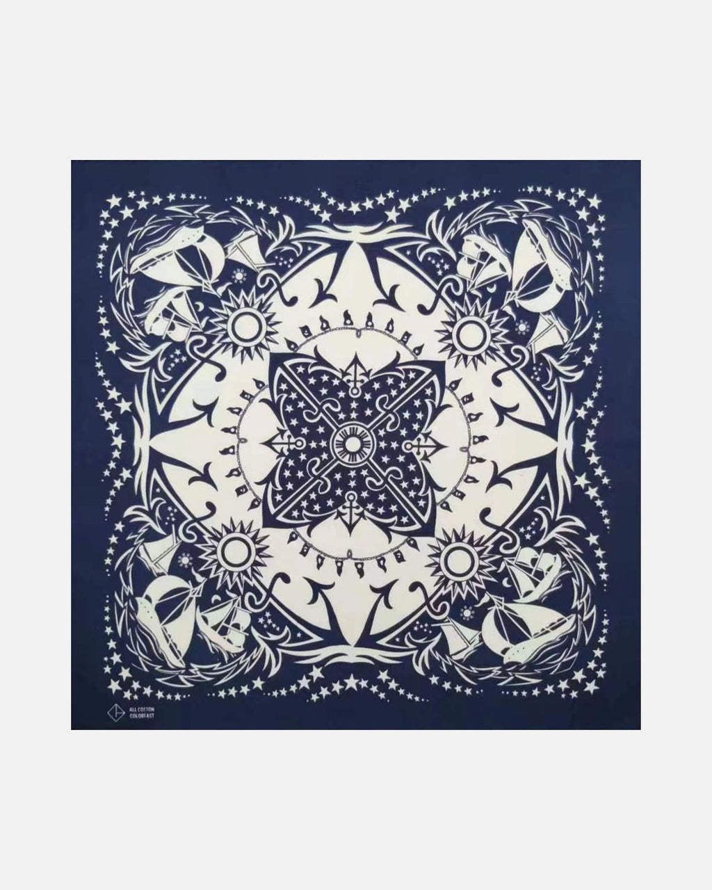 Navy Paisley Bandana in Dark Blue Sailboat – unisex cotton bandana, flat lay