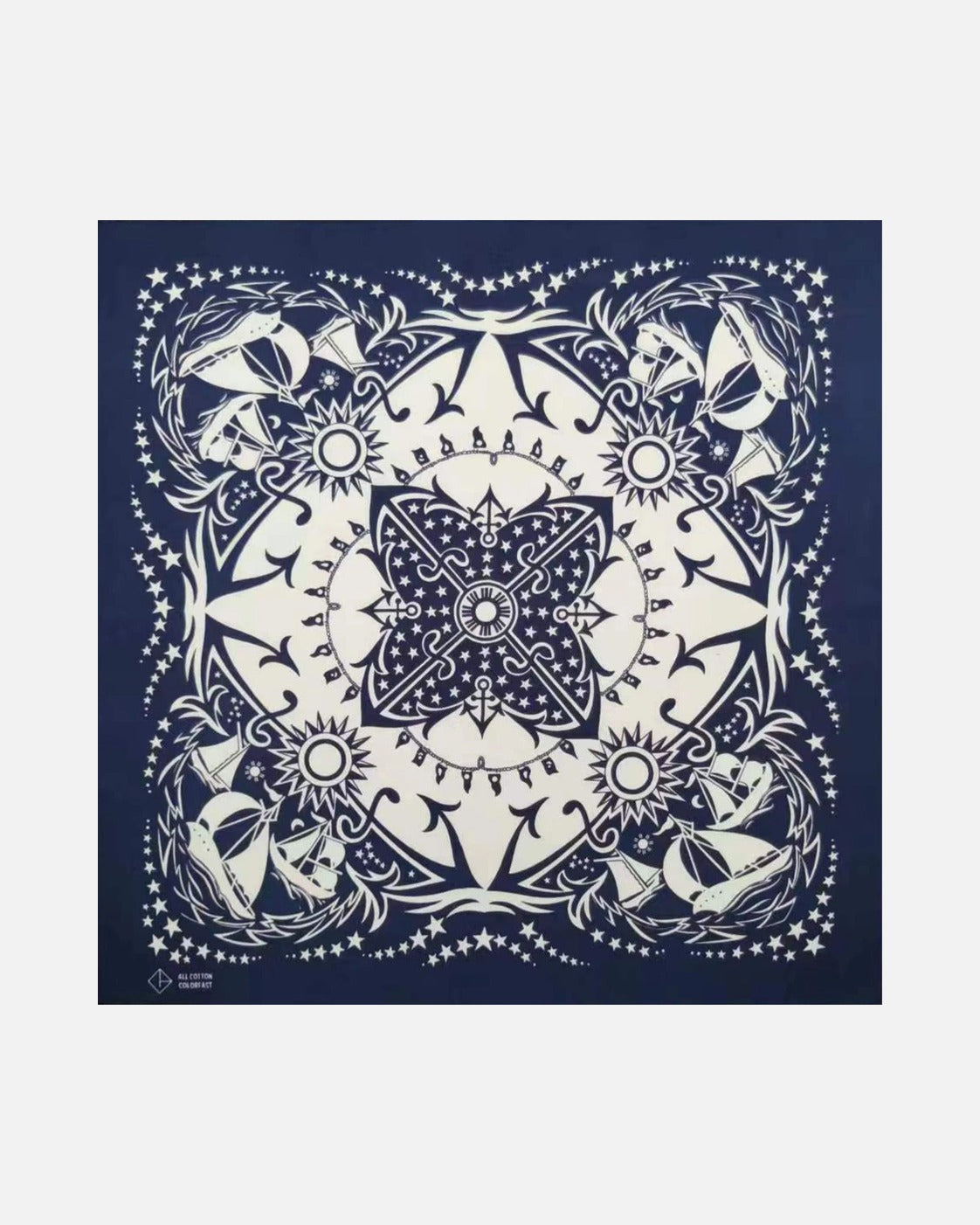 Navy Paisley Bandana in Dark Blue Sailboat – unisex cotton bandana, flat lay
