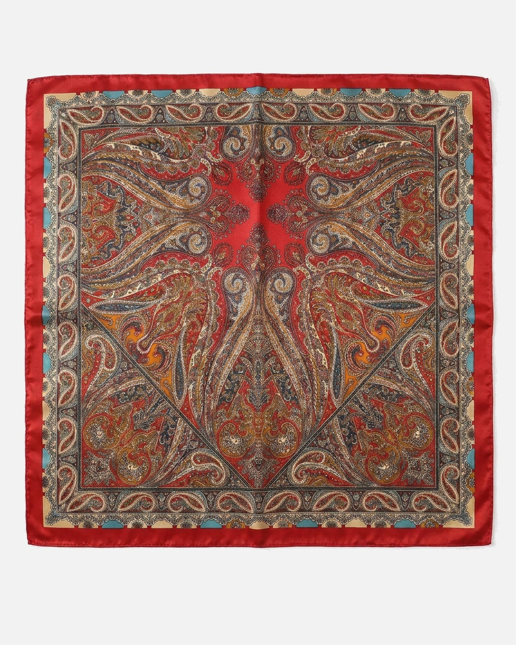 Paisley Satin Square Scarf in Red – unisex vintage satin scarf, flat lay