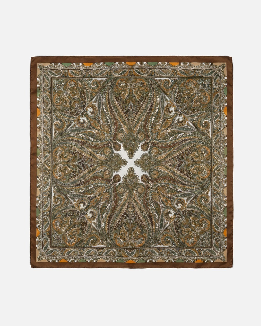Paisley Satin Square Scarf in Olive – unisex vintage satin scarf, flat lay