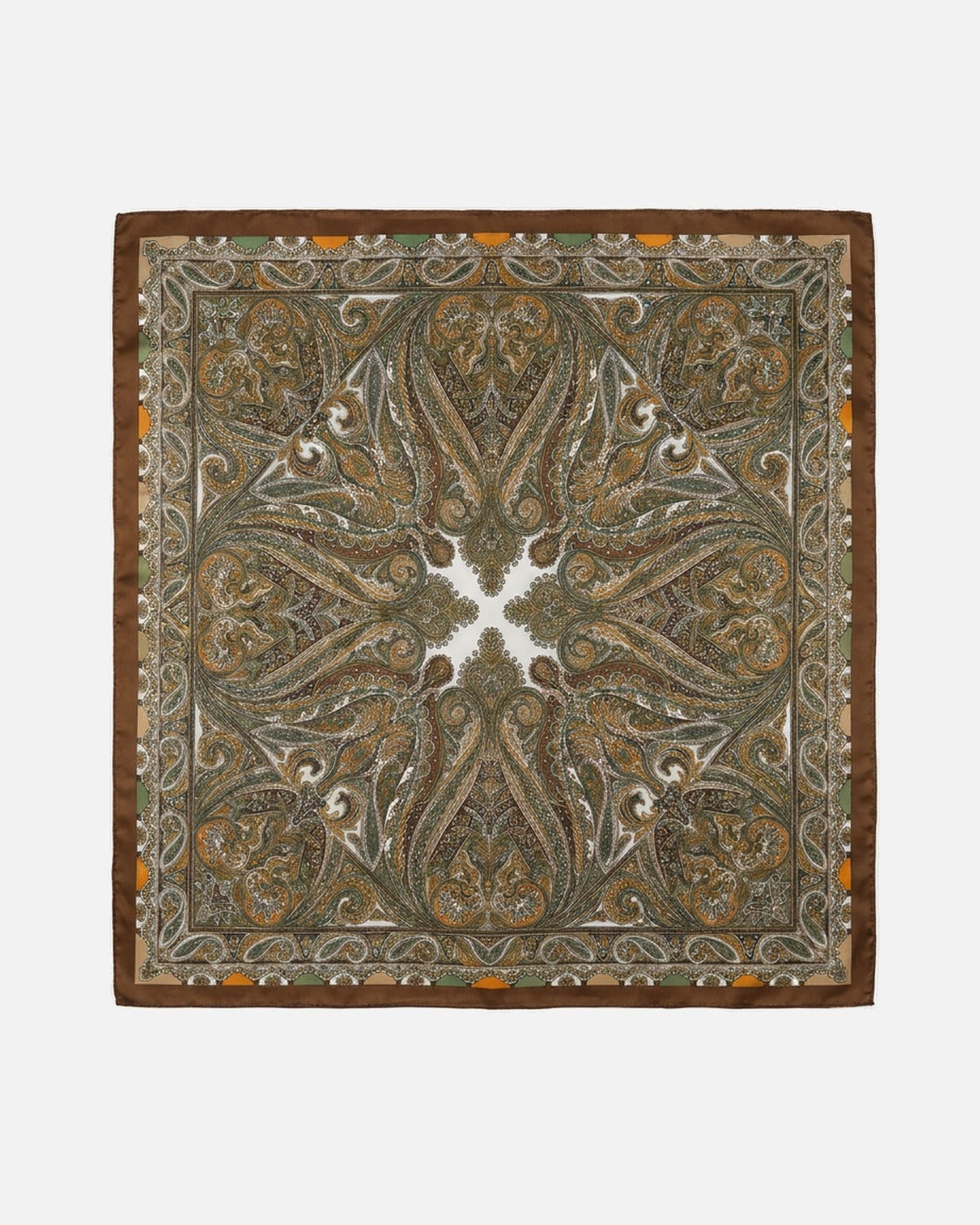 Paisley Satin Square Scarf in Olive – unisex vintage satin scarf, flat lay