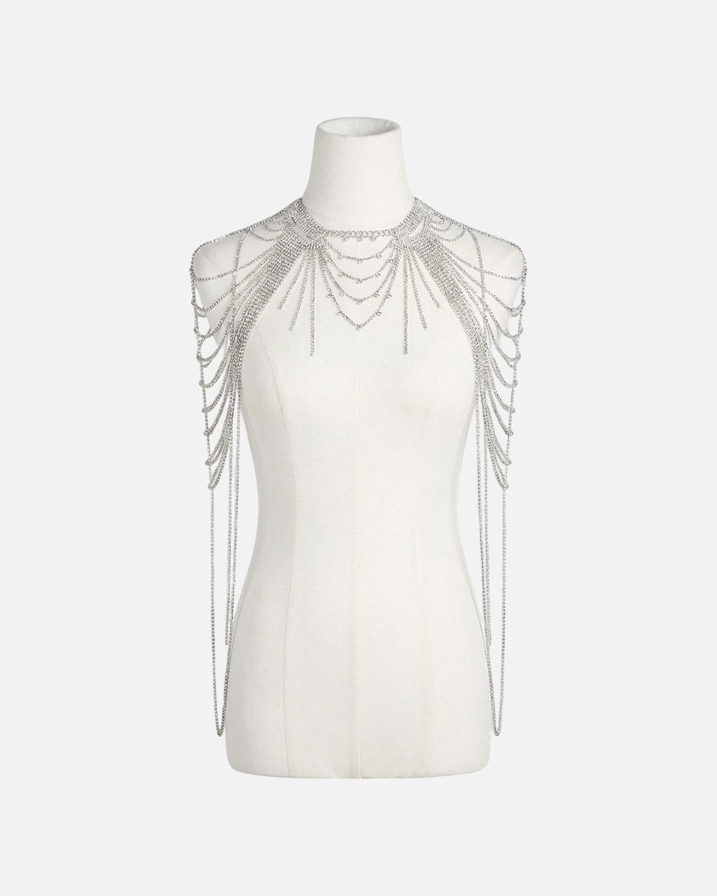 Rhinestone Tassel Shoulder Chain on a mannequin – showing how it drapes over the shoulders