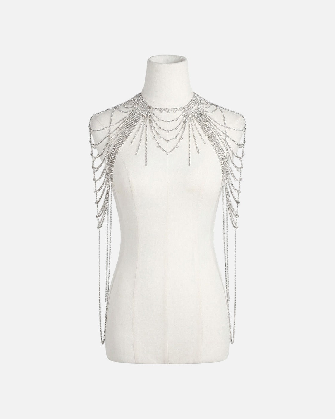 Rhinestone Tassel Shoulder Chain on a mannequin – showing how it drapes over the shoulders