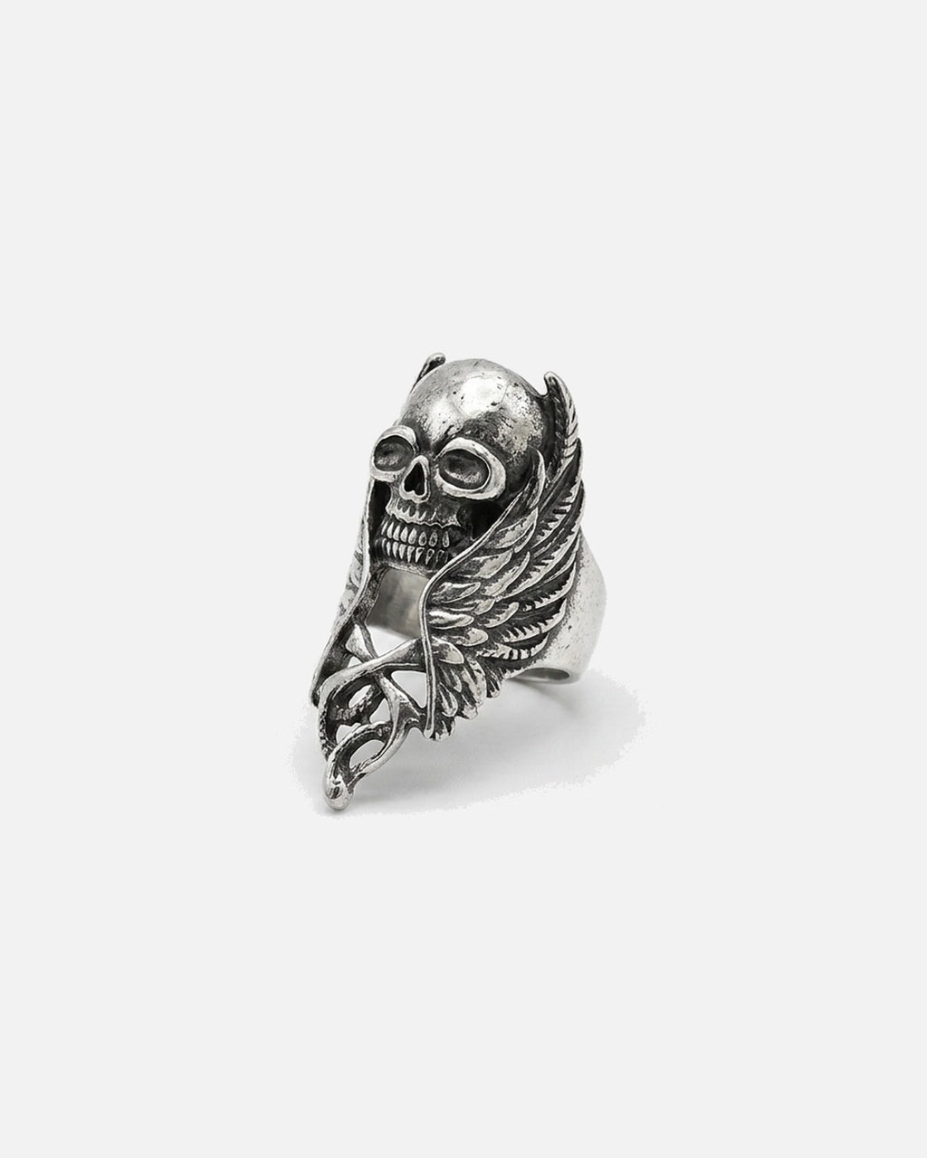 Skull Feather Armor Ring – unisex gothic full-finger armor ring in antique silver, front product photo