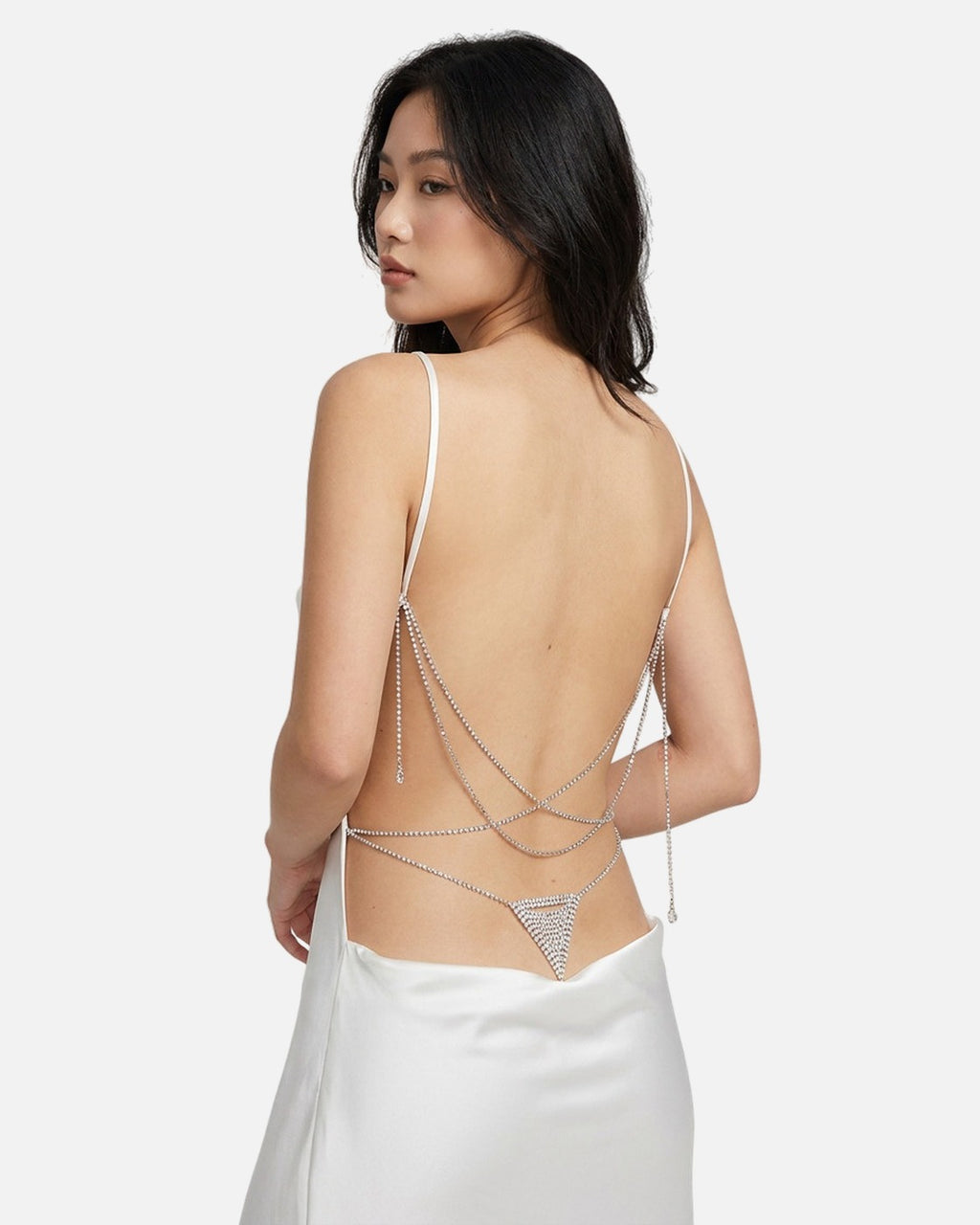 Rhinestone Waist Body Chain worn on the waist – styled with a white low-back slip dress