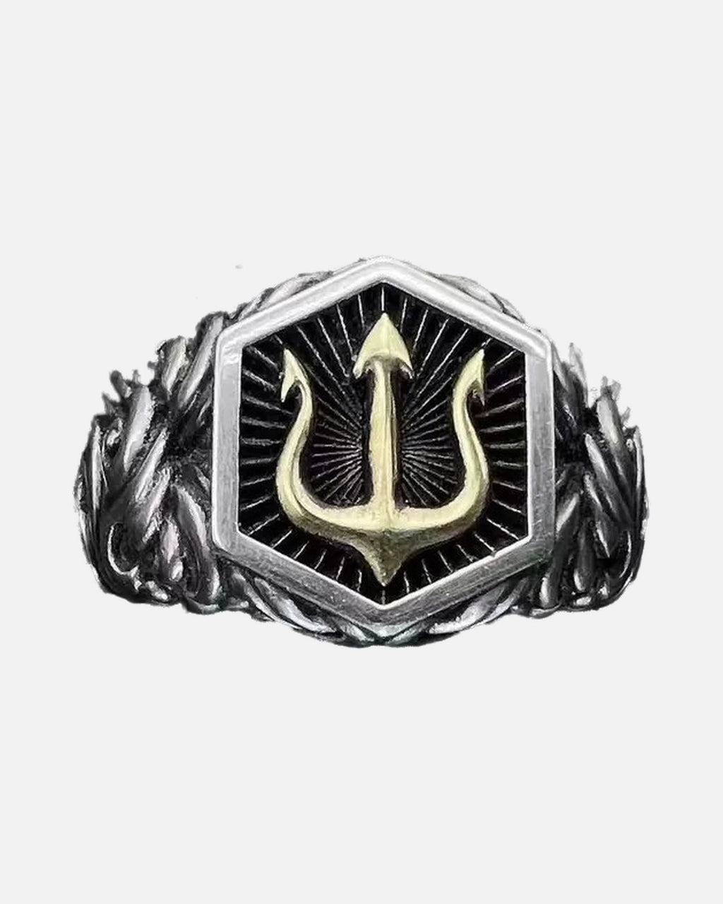 Trident Signet Ring – men's biker signet ring in antique silver with a black hexagon face, front product photo