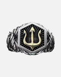 Trident Signet Ring – men's biker signet ring in antique silver with a black hexagon face, front product photo