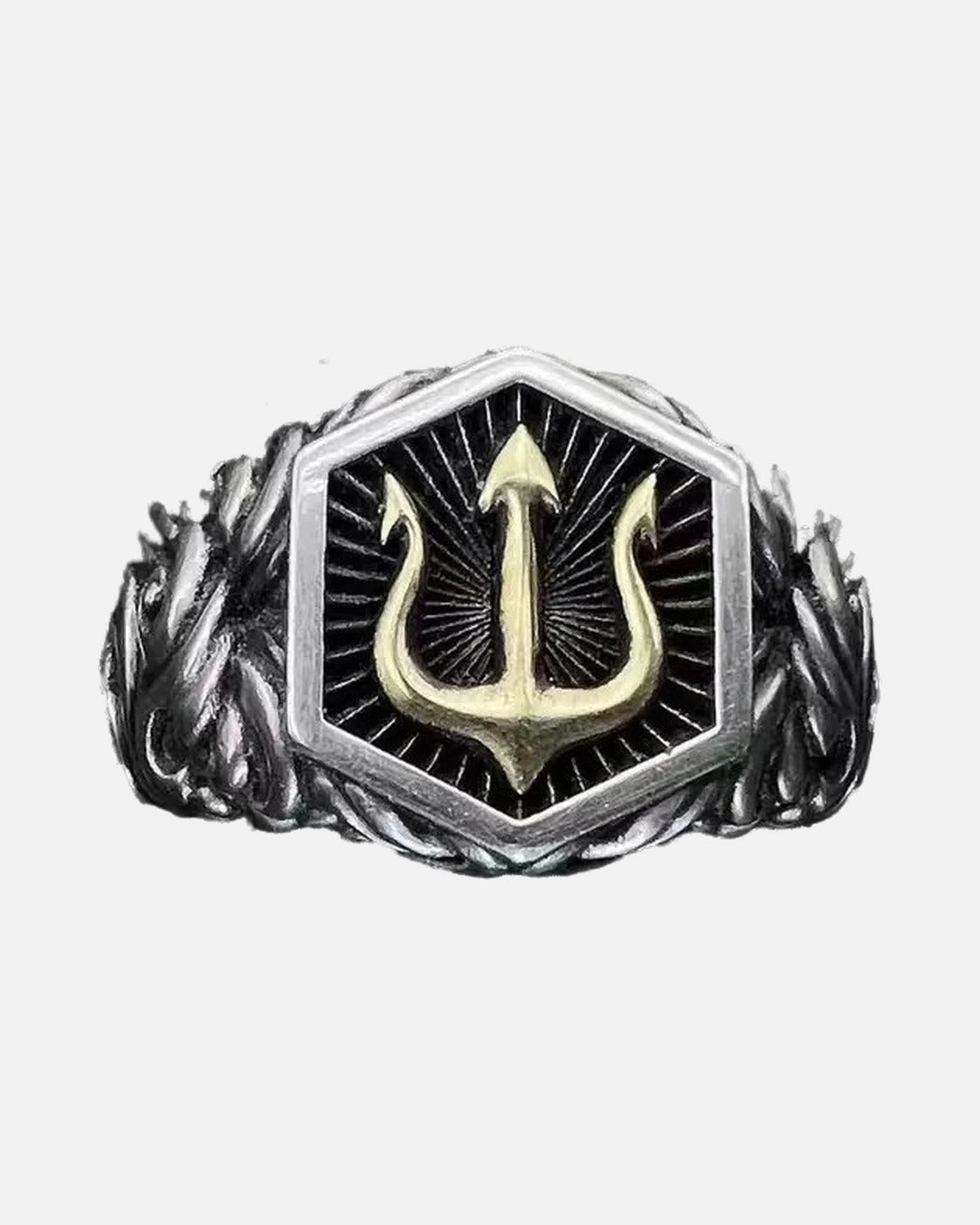 Trident Signet Ring – men's biker signet ring in antique silver with a black hexagon face, front product photo