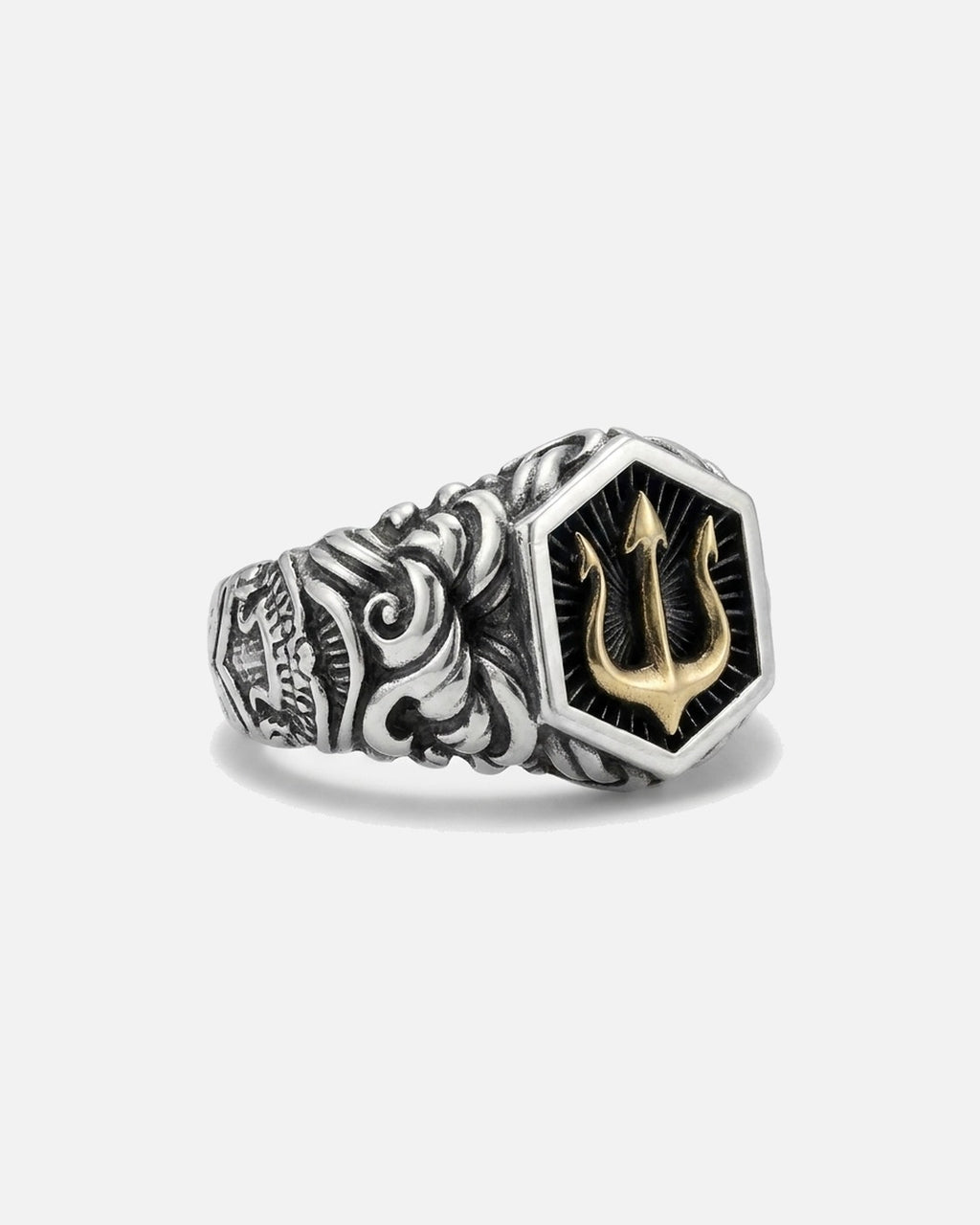Trident Signet Ring – angled view showing the carved band, men's biker ring