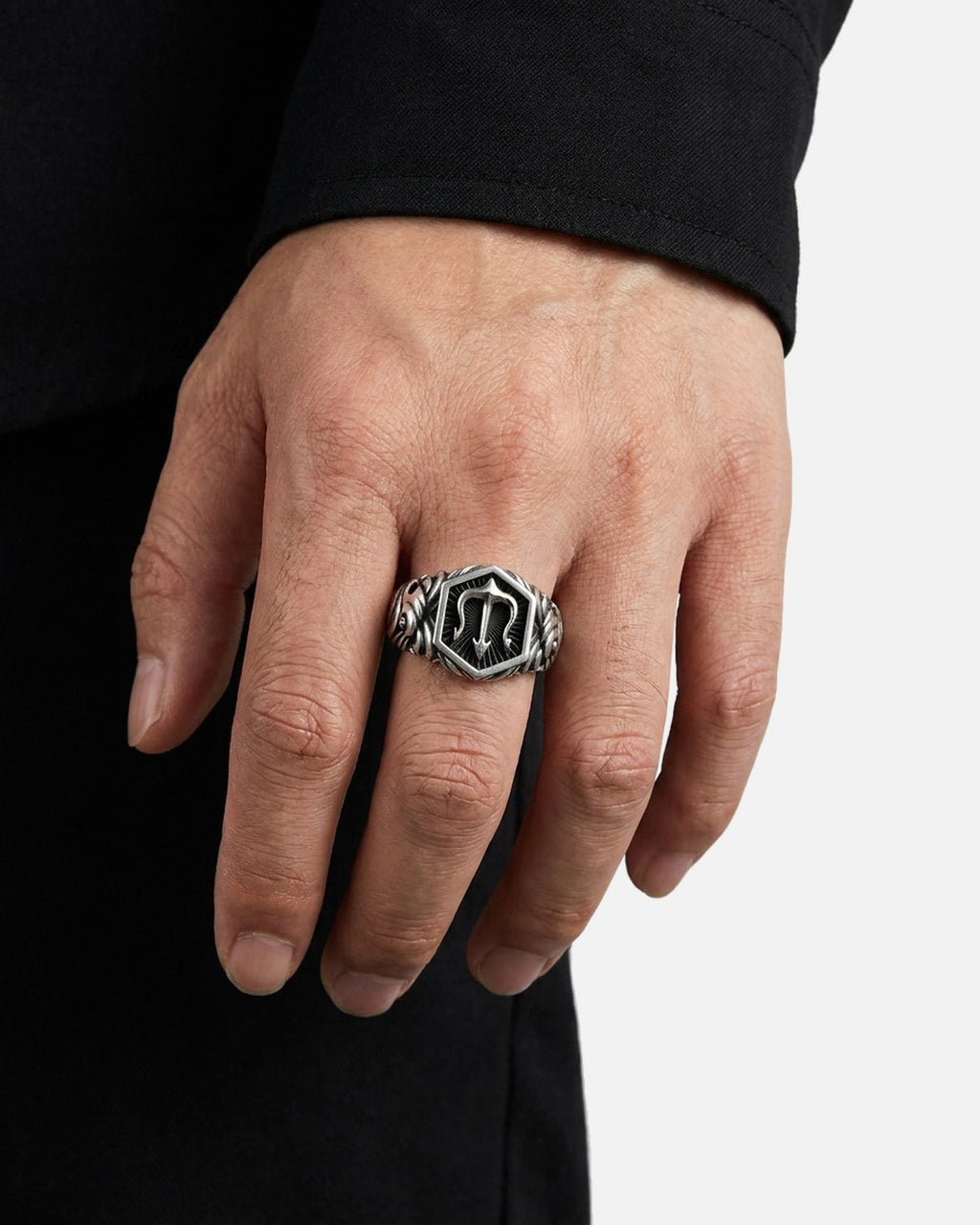 Trident Signet Ring worn on the finger – men's antique silver signet ring styled with black streetwear