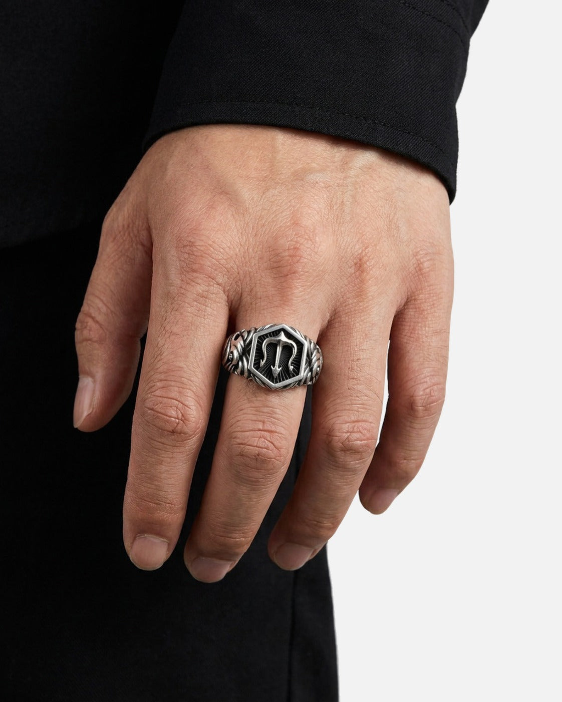 Trident Signet Ring worn on the finger – men's antique silver signet ring styled with black streetwear