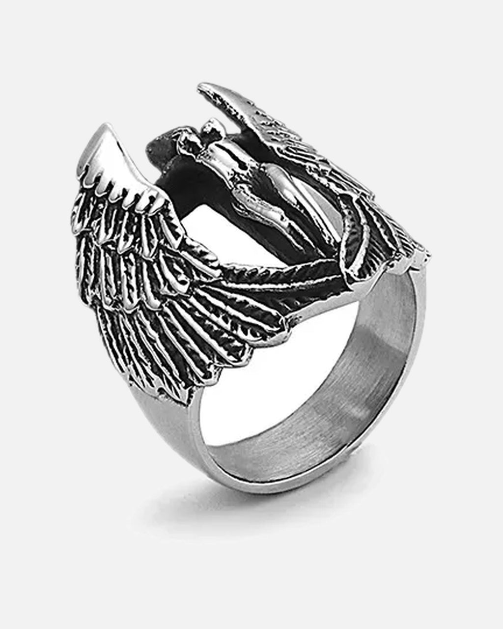 Winged Cross Ring – men's gothic biker ring in titanium steel, front product photo on a grey background