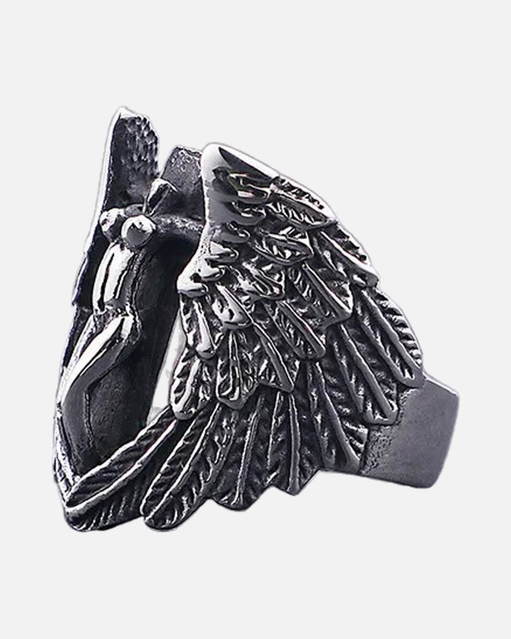Winged Cross Ring – side view of the feathered wings, men's titanium steel ring