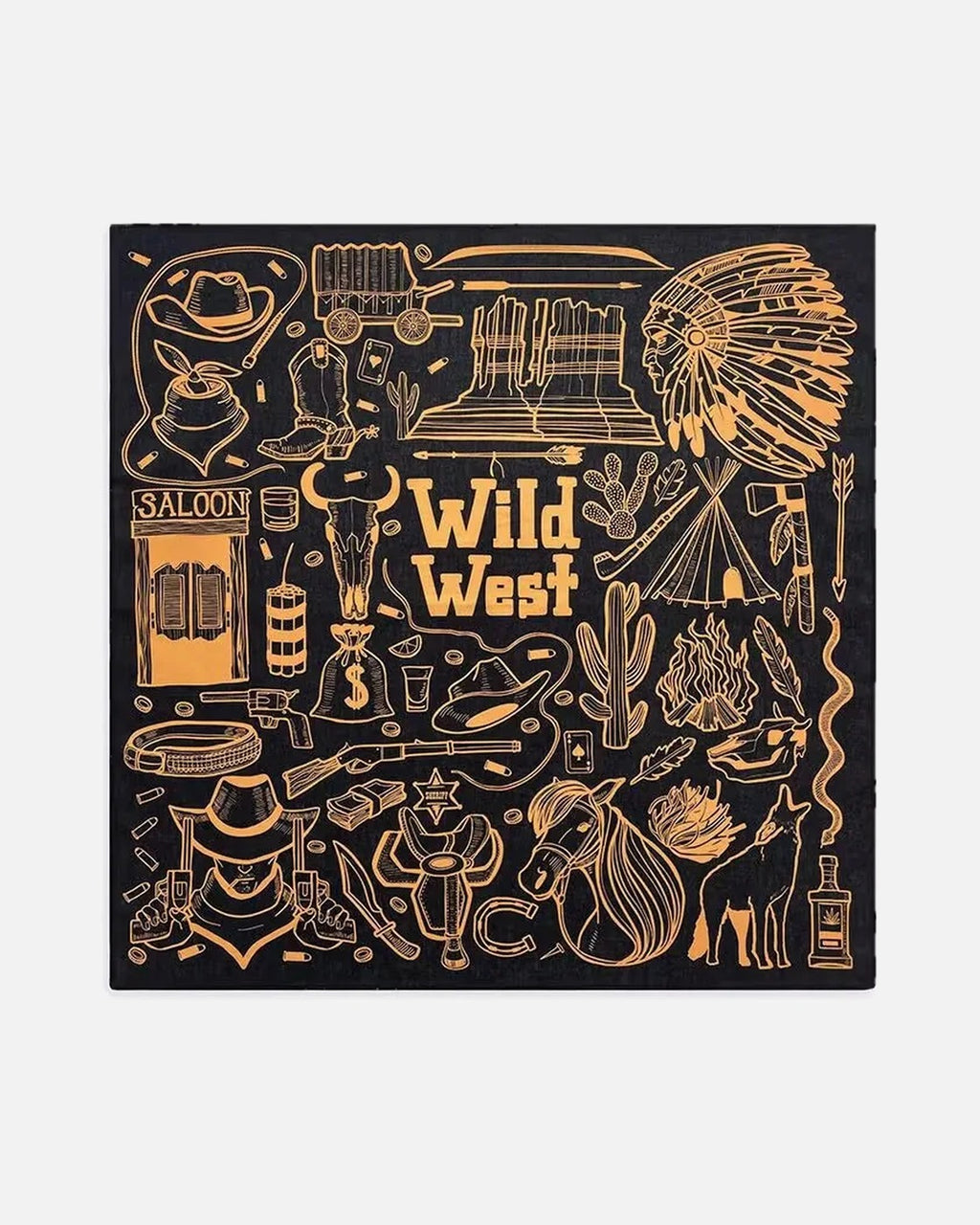 Wild West Print Bandana in Black – unisex western cotton bandana, 54 cm square flat lay