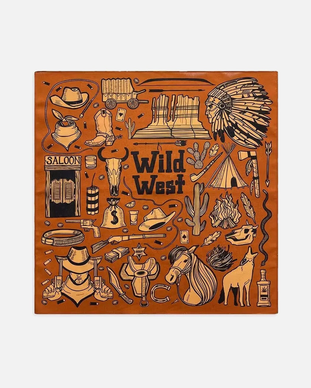 Wild West Print Bandana in Orange Brown – unisex western cotton bandana, flat lay
