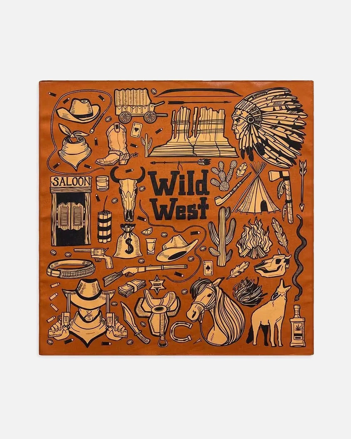 Wild West Print Bandana in Orange Brown – unisex western cotton bandana, flat lay