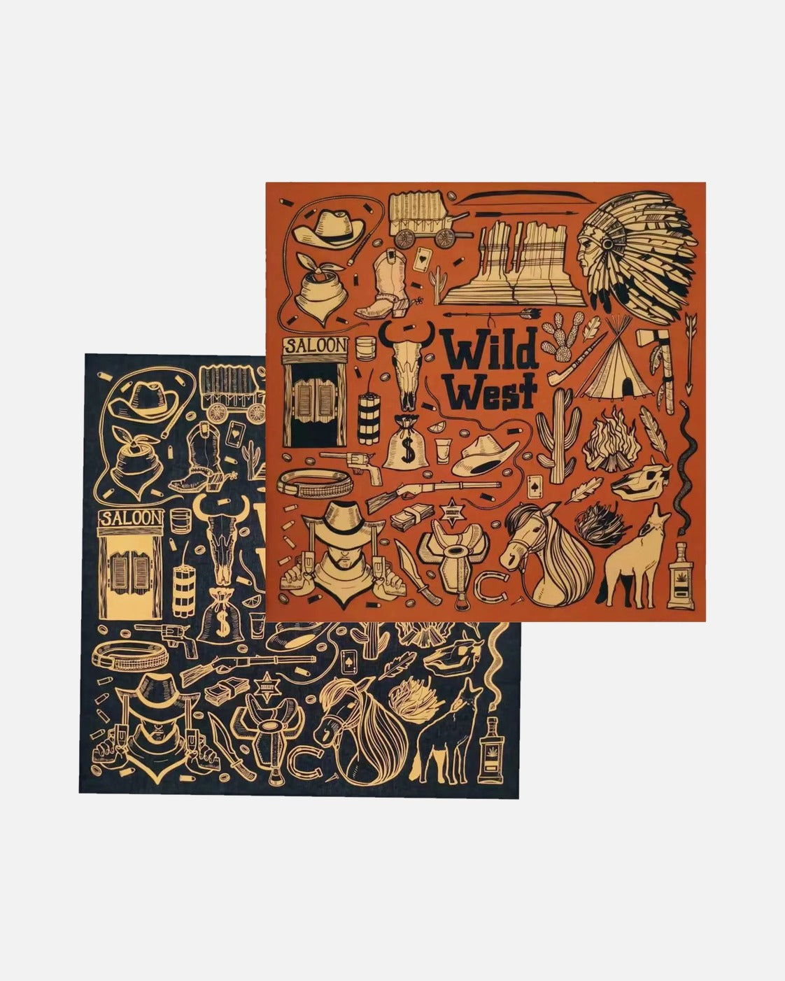 Wild West Print Bandana in both colours – black and orange-brown bandanas overlapping