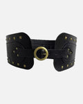 Wide Corset Waist Belt – women's retro belt in PU leather, front product photo on a grey background