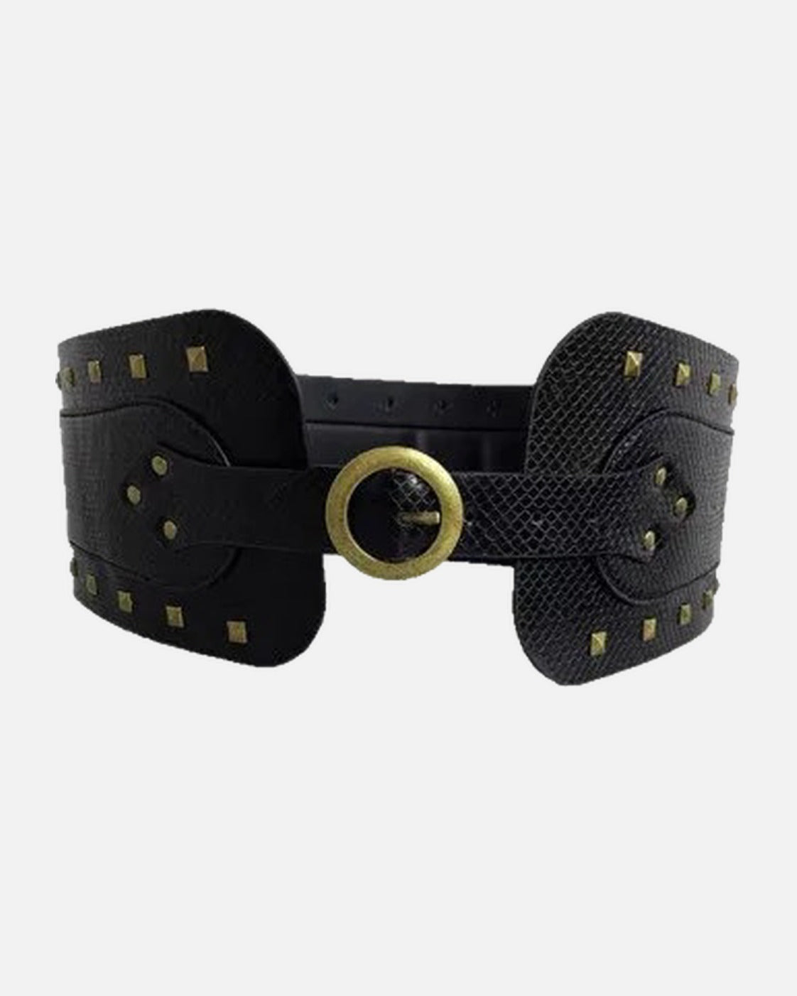 Wide Corset Waist Belt – wide black riveted corset waist belt, product photo on grey background