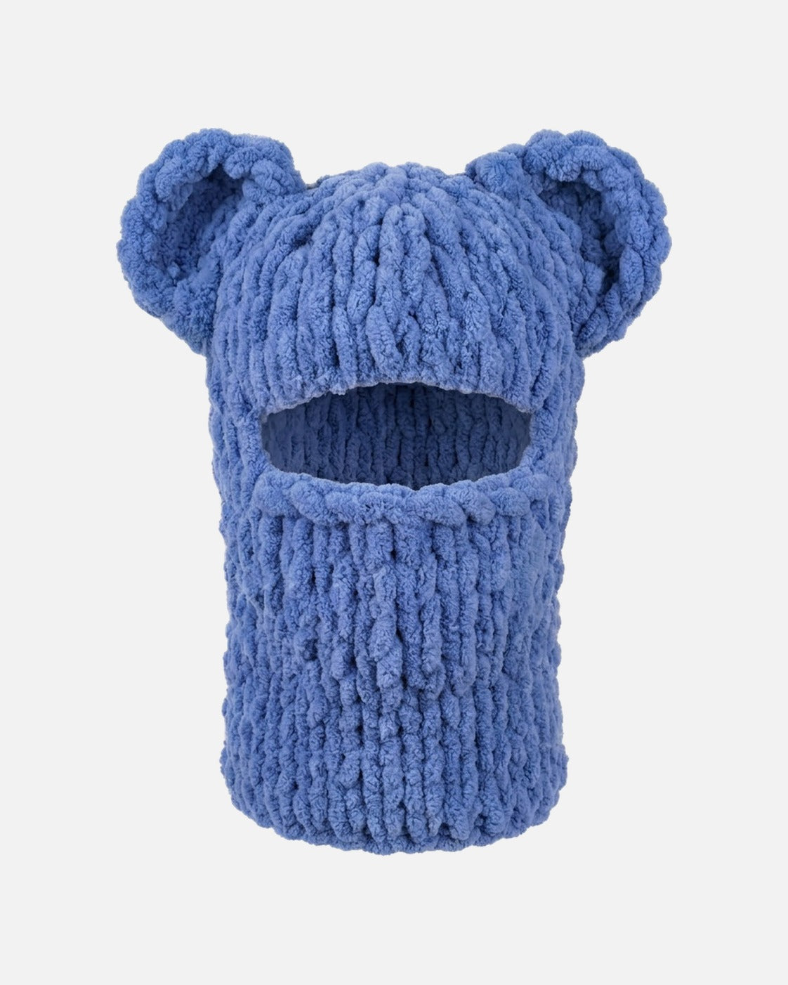 Bear Ear Balaclava – chunky chenille bear ear balaclava, product photo on grey background