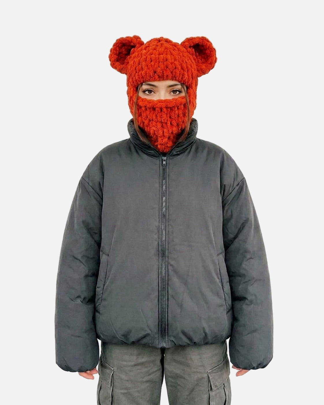Bear Ear Balaclava worn – chunky chenille bear ear balaclava styled in a streetwear outfit