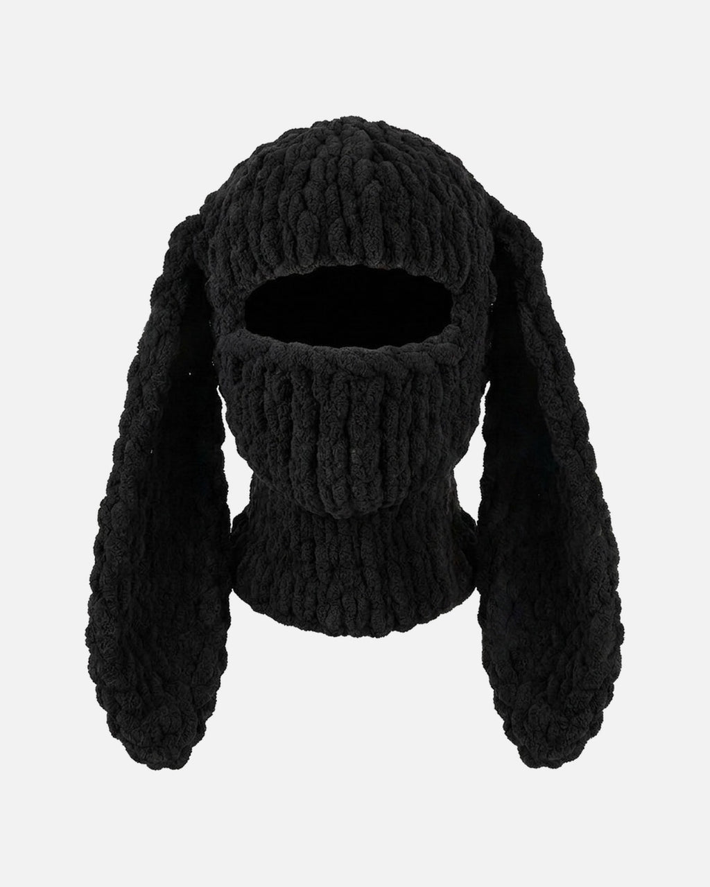 Black Long Ear Bunny Balaclava – black long ear bunny knit balaclava, product photo on grey background
