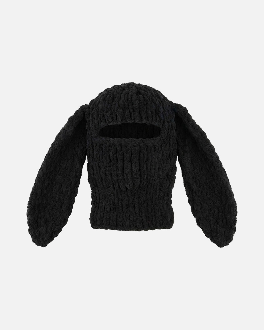 Black Long Ear Bunny Balaclava – black long ear bunny knit balaclava, close-up detail