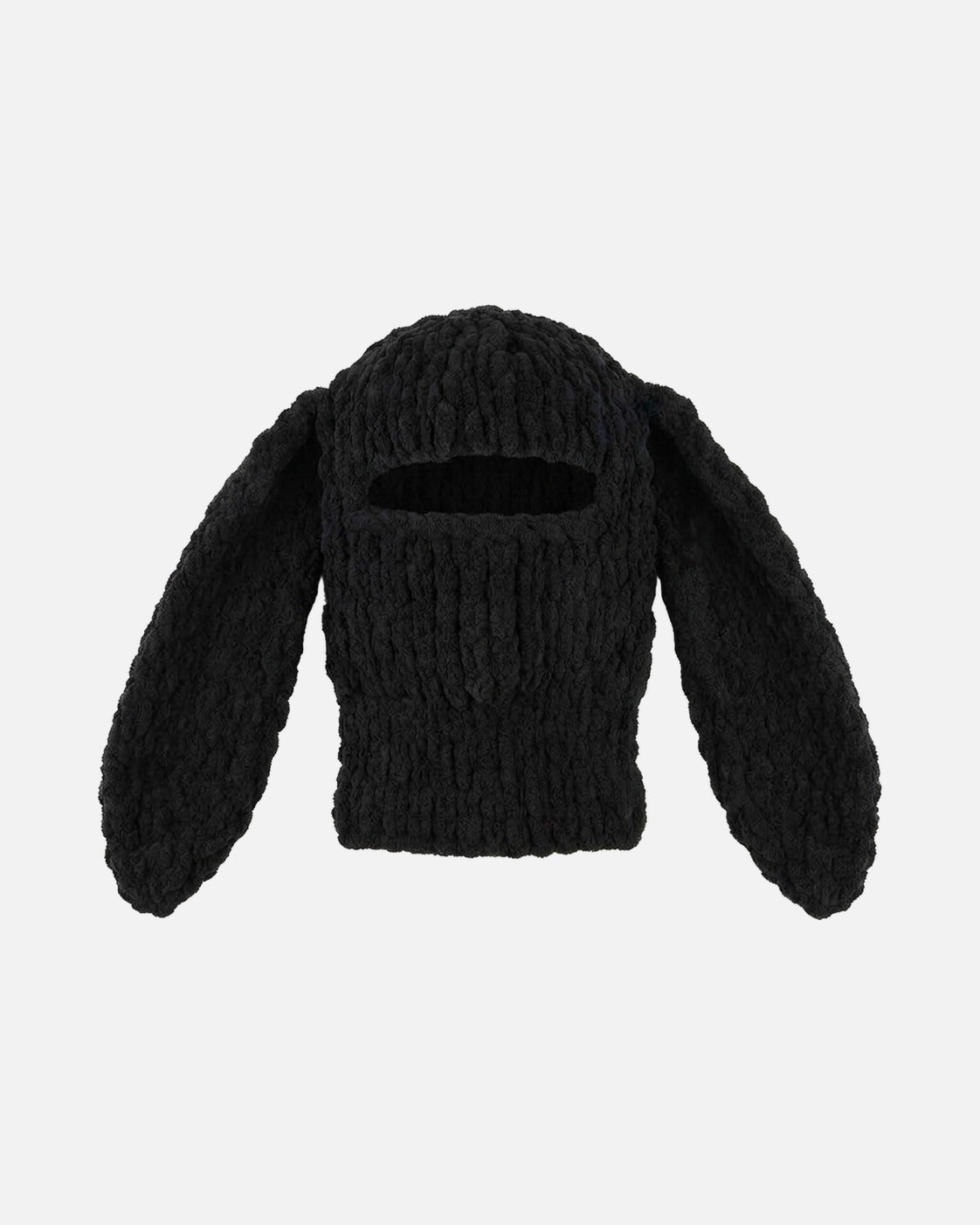 Black Long Ear Bunny Balaclava – black long ear bunny knit balaclava, close-up detail