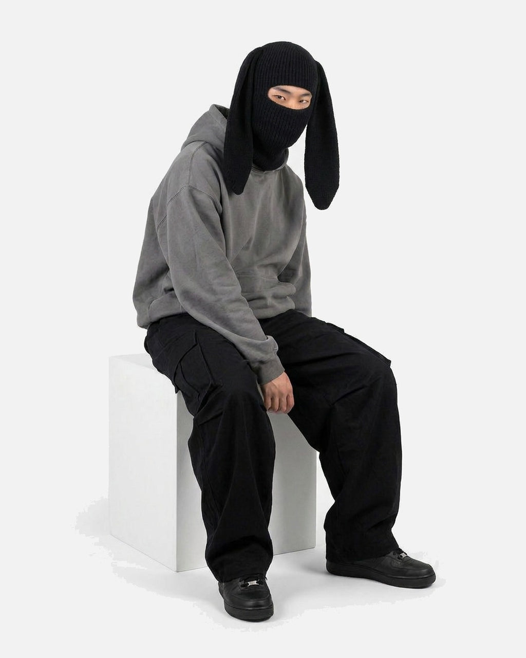 Black Long Ear Bunny Balaclava – black long ear bunny knit balaclava, alternate view