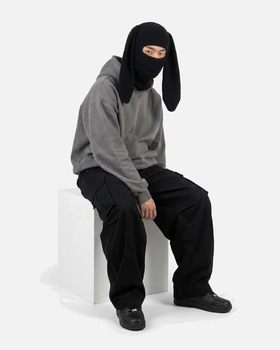 Black Long Ear Bunny Balaclava – black long ear bunny knit balaclava, alternate view