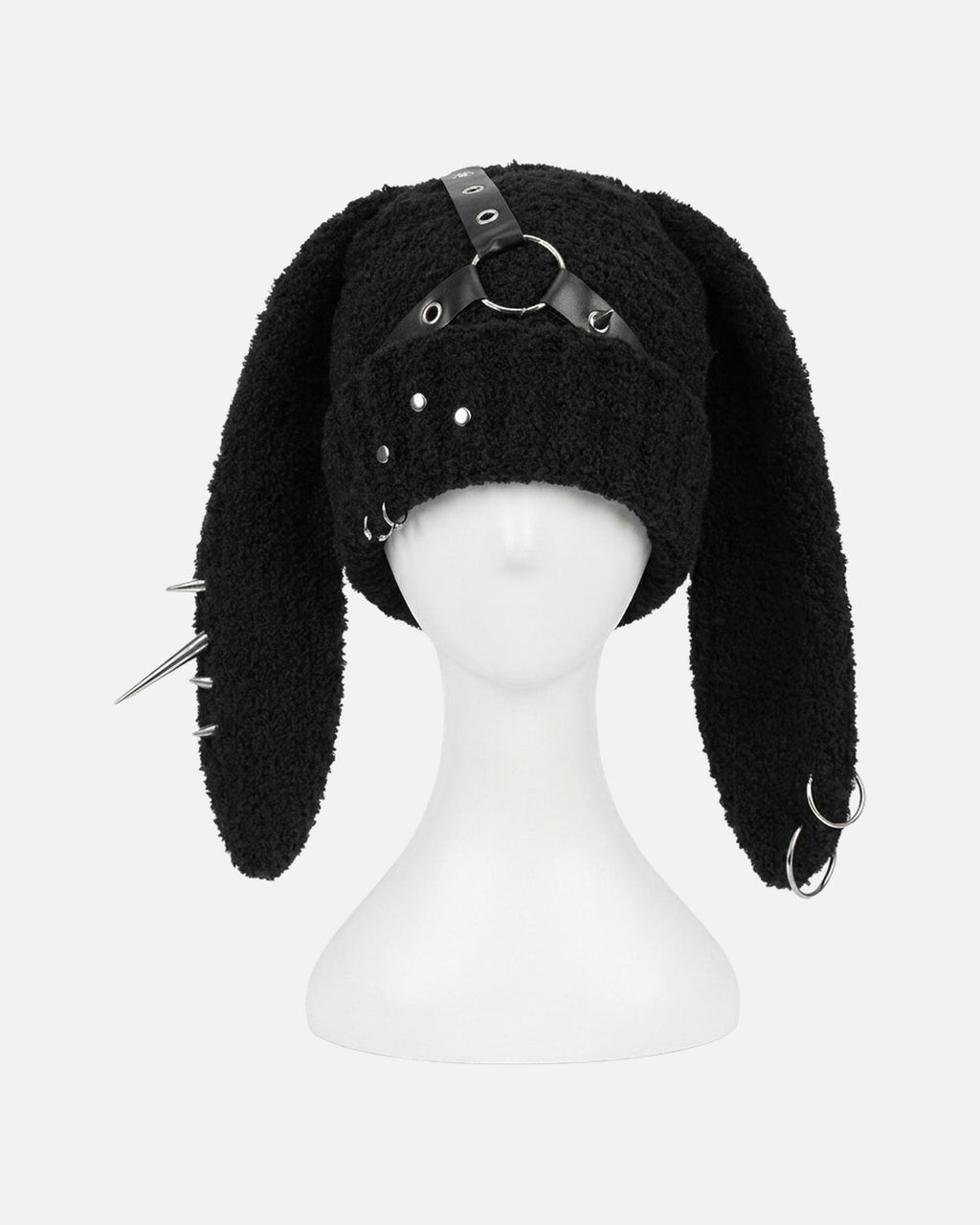Harness Bunny Ear Hat – knit bunny ear hat with black harness and rivets, alternate view