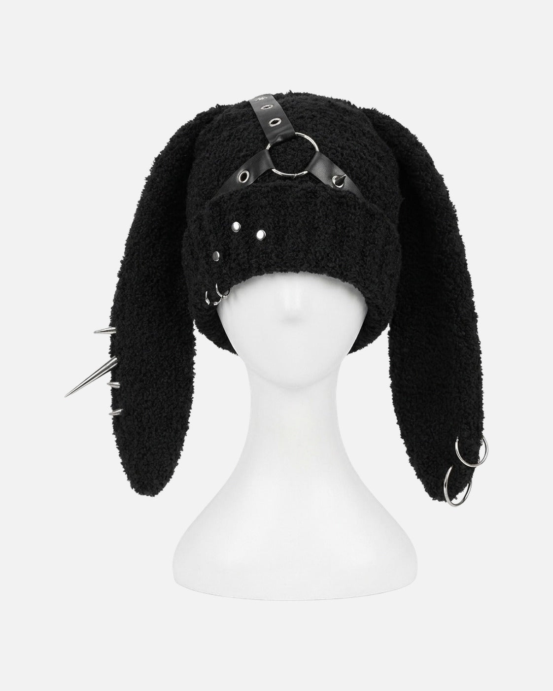 Harness Bunny Ear Hat – knit bunny ear hat with black harness and rivets, alternate view