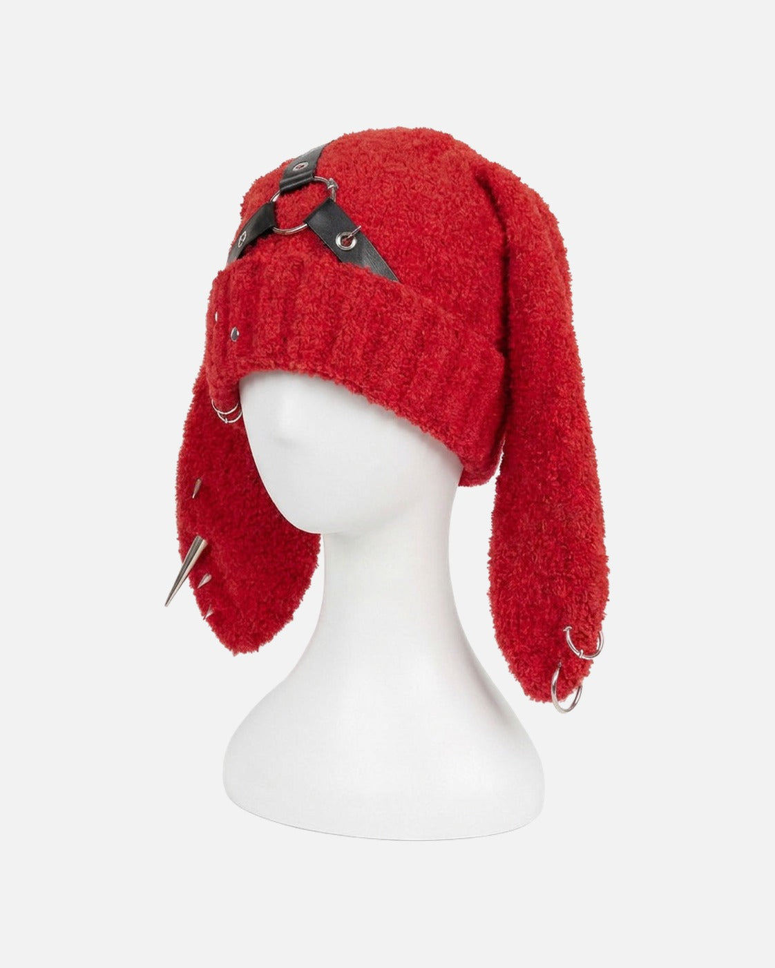 Harness Bunny Ear Hat – knit bunny ear hat with black harness and rivets, close-up detail