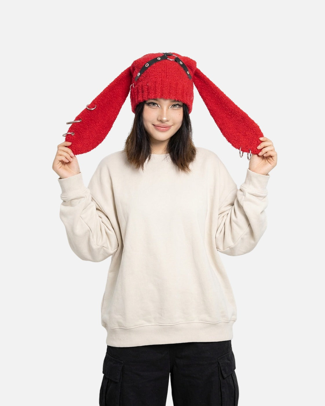 Harness Bunny Ear Hat – knit bunny ear hat with black harness and rivets, alternate view