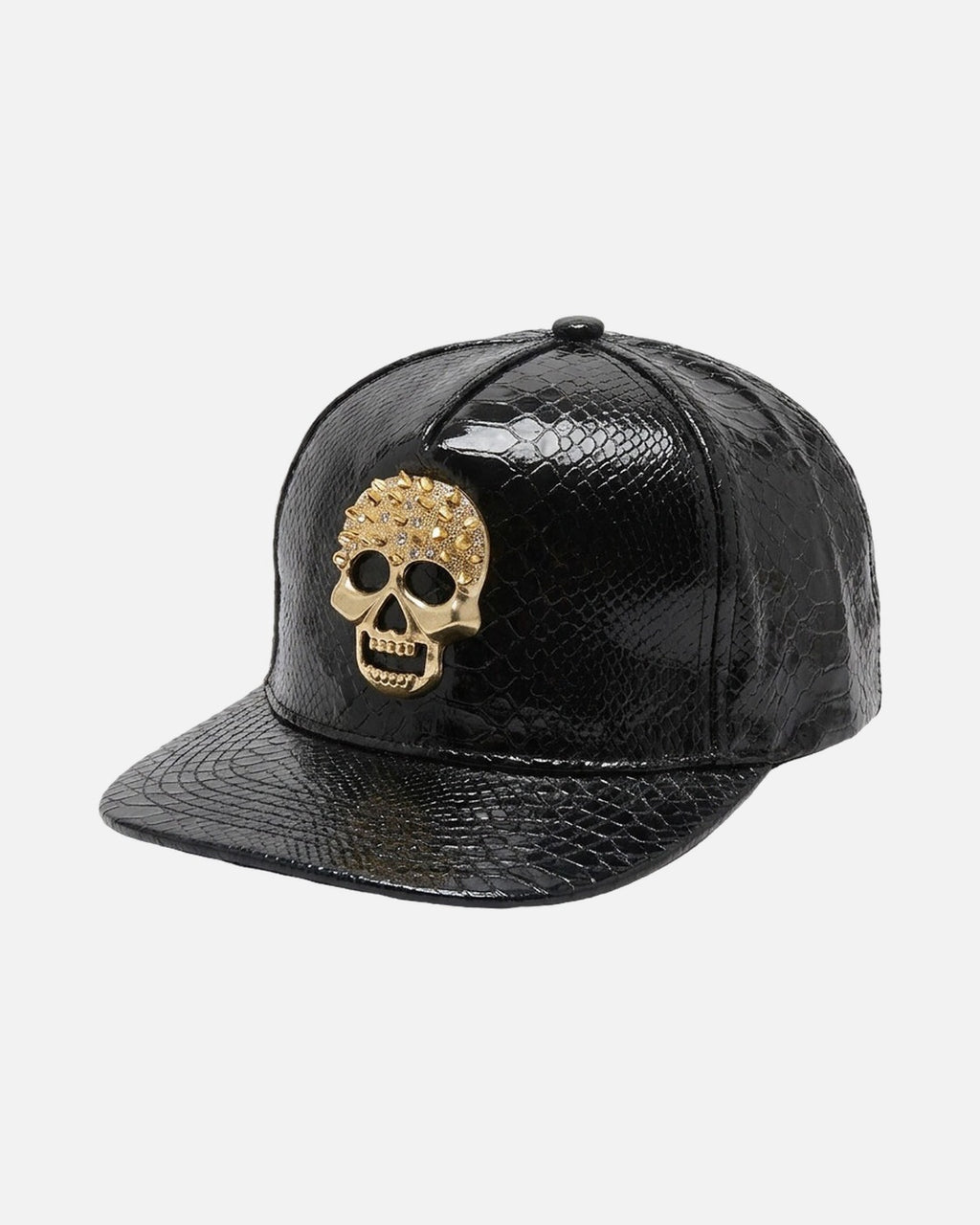 Skull Rhinestone Snakeskin Cap – snakeskin texture snapback cap with rhinestone skull badge, product photo on grey background