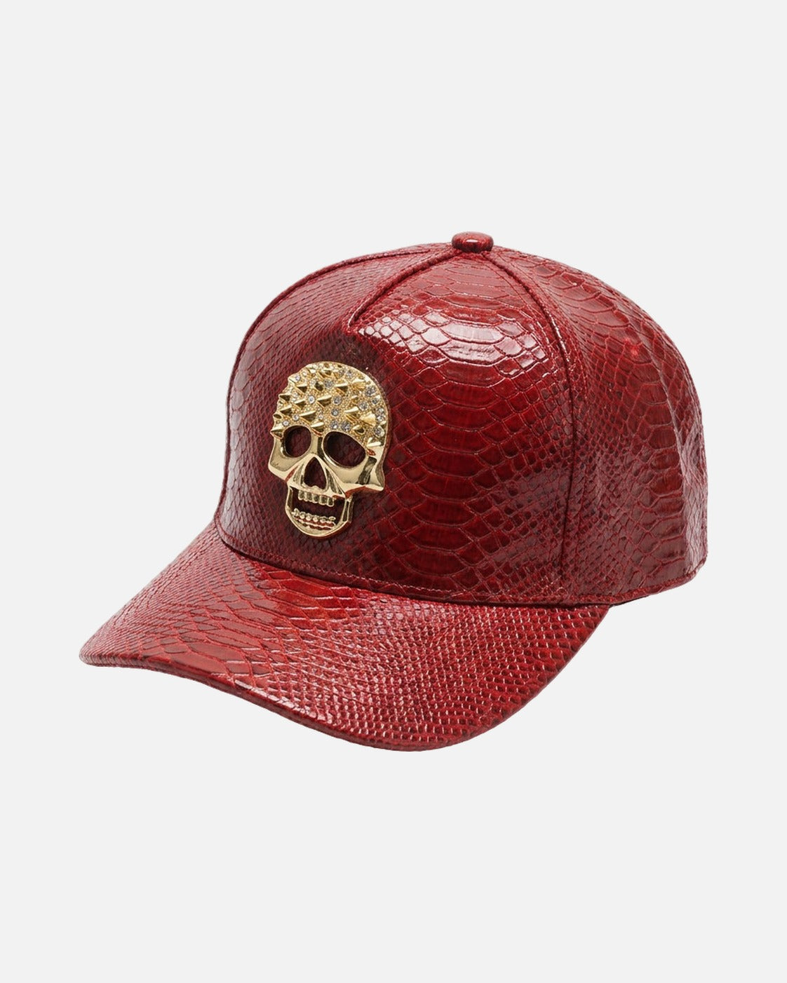 Skull Rhinestone Snakeskin Cap – snakeskin texture snapback cap with rhinestone skull badge, alternate view