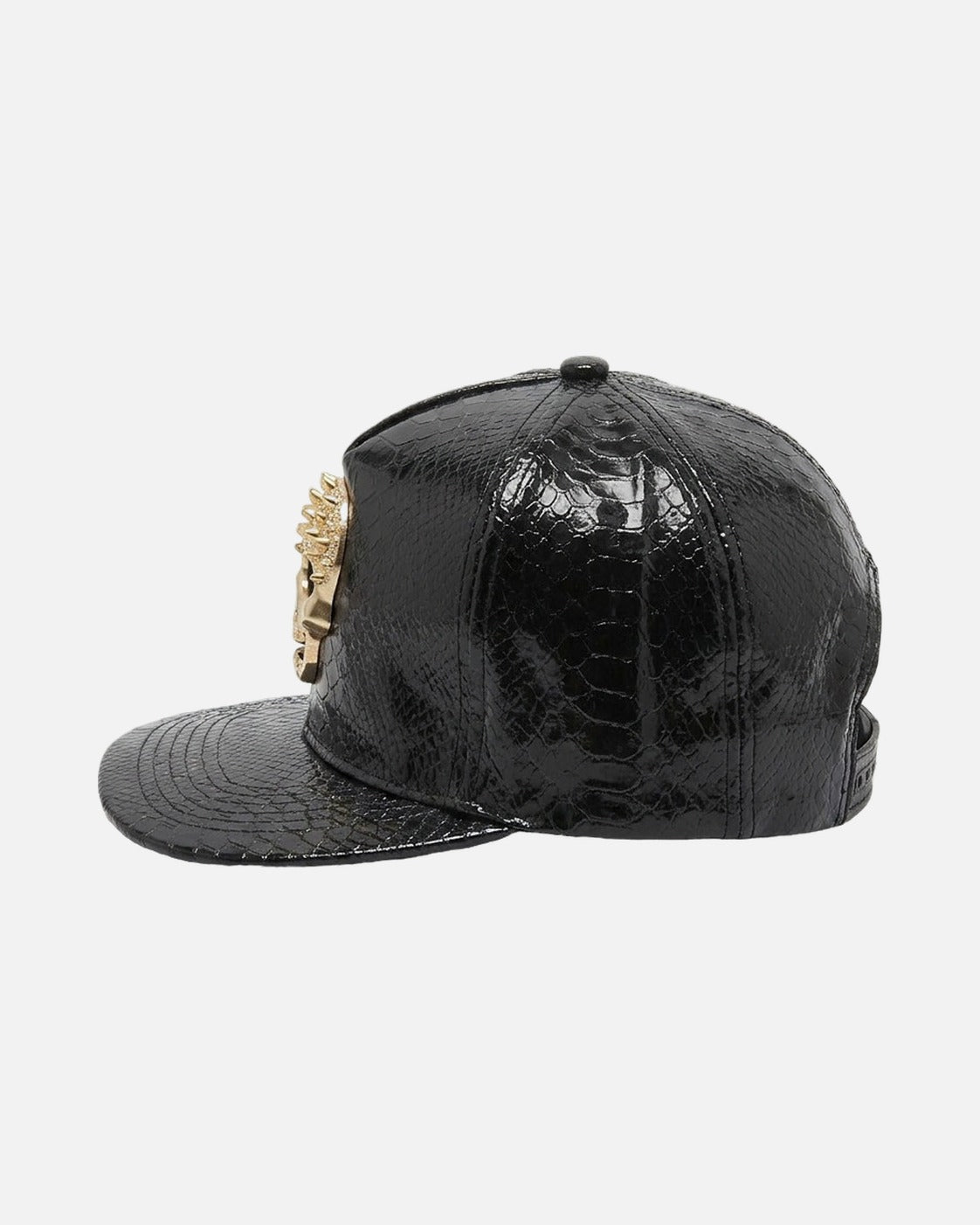 Skull Rhinestone Snakeskin Cap – snakeskin texture snapback cap with rhinestone skull badge, close-up detail