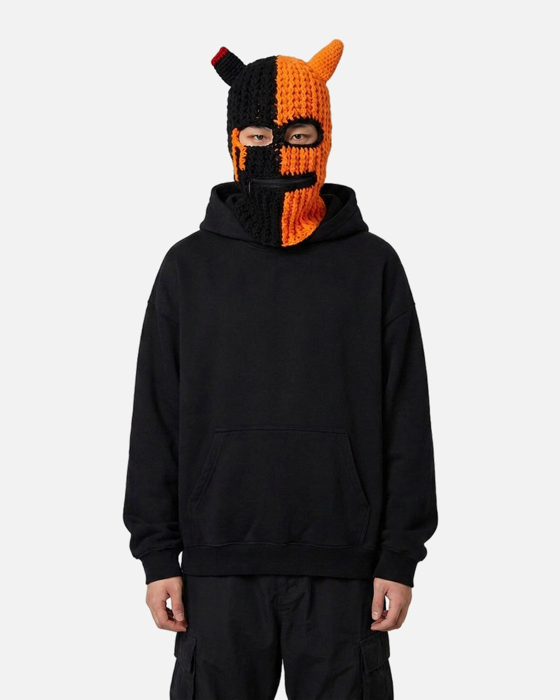 Half Devil Horn Balaclava worn over the head and neck – unisex gothic balaclava styled with streetwear