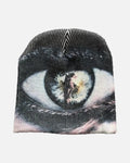 Evil Eye Print Beanie – unisex artistic beanie in soft polyester knit, front product photo on a grey background