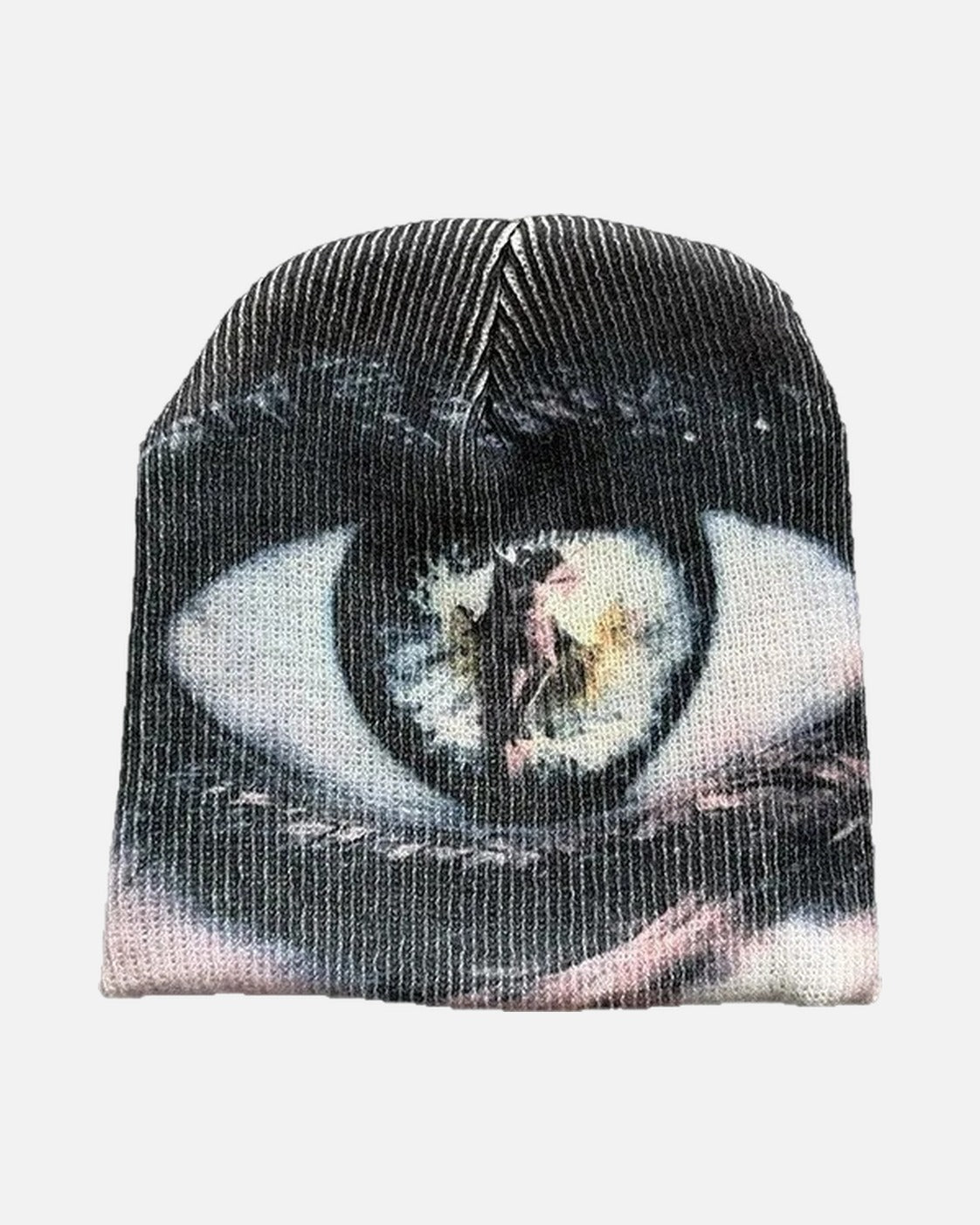 Evil Eye Print Beanie – surreal eye print knit beanie, product photo on grey background