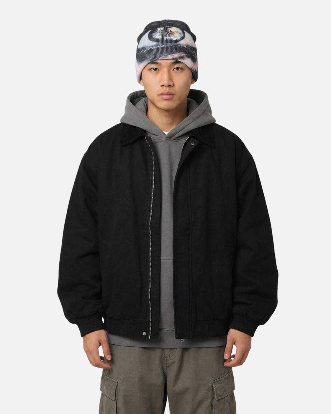 Evil Eye Print Beanie worn – surreal eye print knit beanie styled in a streetwear outfit