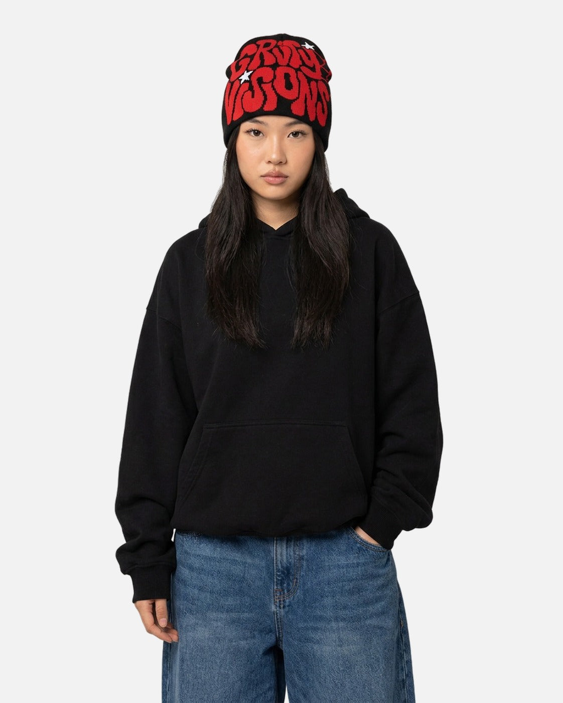Bubble Letter Spiderweb Beanie worn – bubble letter spiderweb jacquard beanie styled in a streetwear outfit