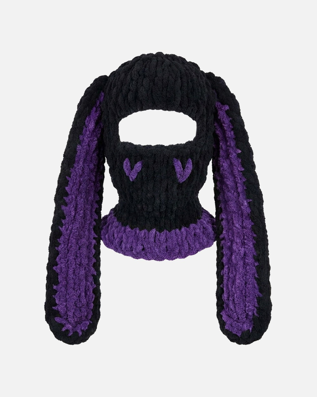 Heart Bunny Balaclava – unisex Y2K balaclava in chenille yarn, front product photo on a grey background