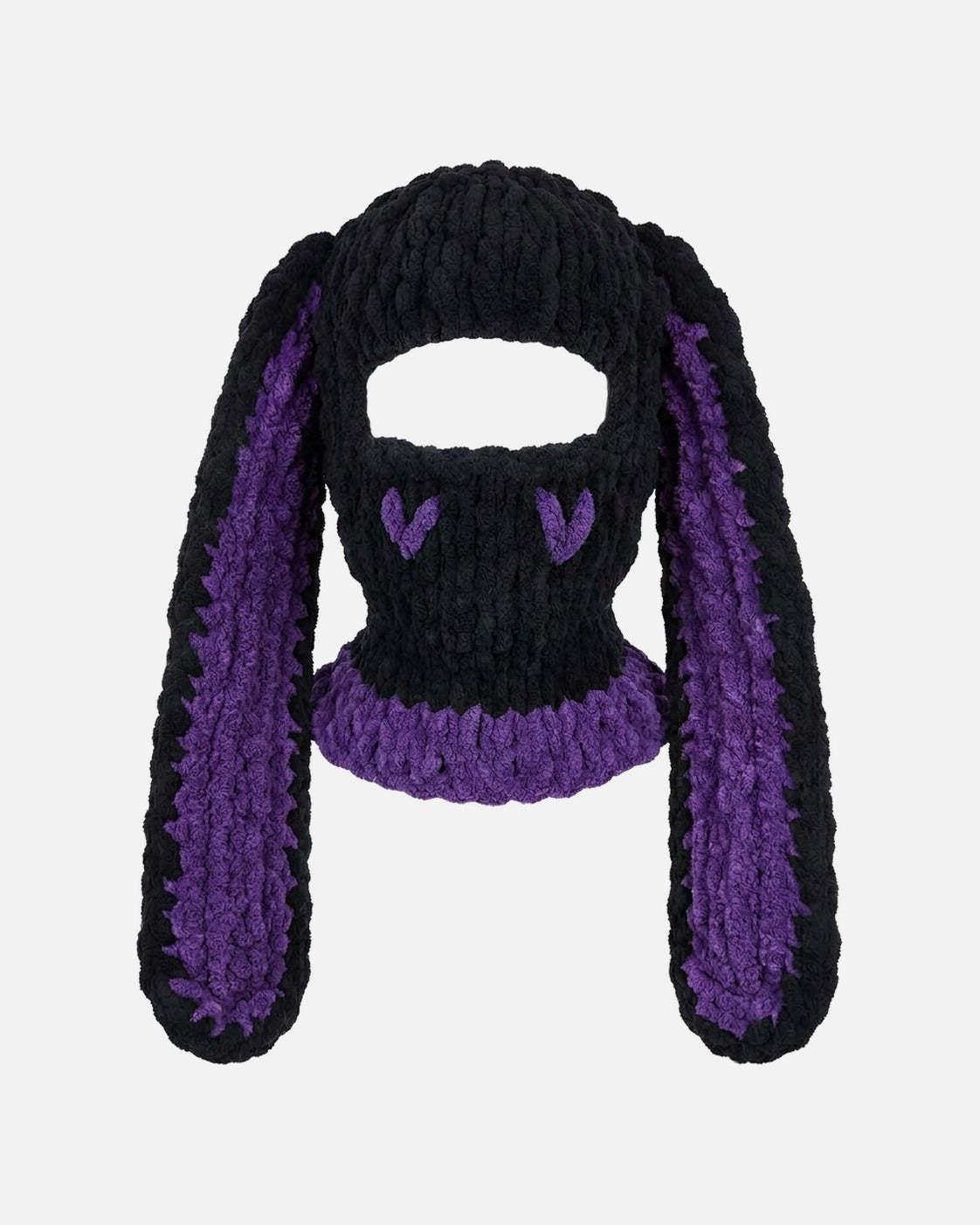 Heart Bunny Balaclava – black bunny ear balaclava with stitched hearts, product photo on grey background