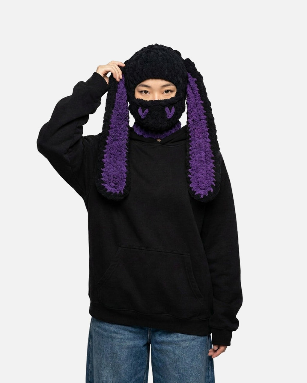 Heart Bunny Balaclava – close-up of the chenille yarn finish, unisex Y2K balaclava