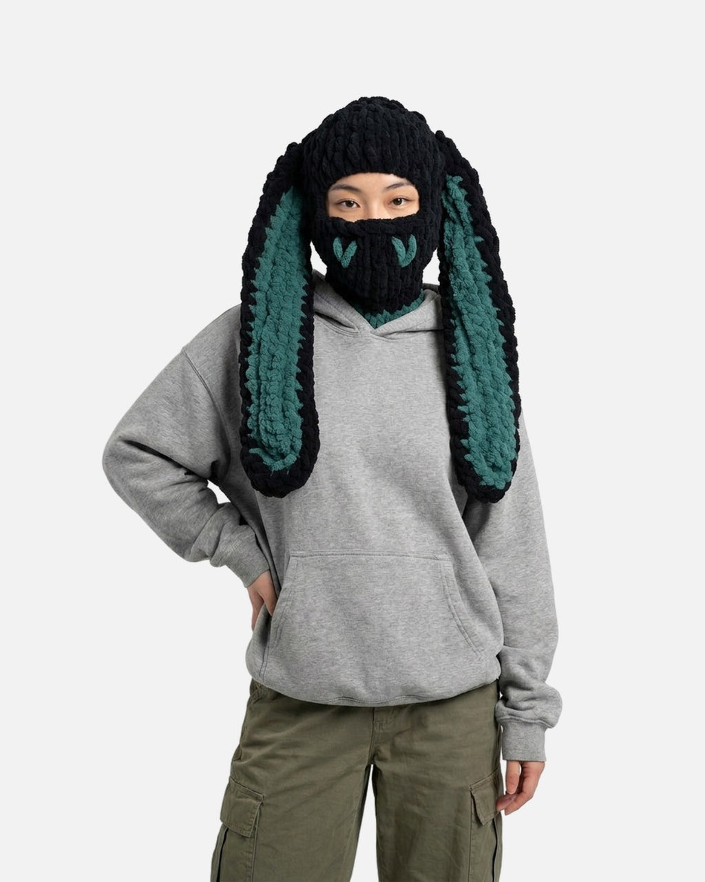 Heart Bunny Balaclava worn over the head and neck – unisex Y2K balaclava styled with streetwear