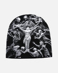Skeleton Dance Beanie – skeleton jacquard knit beanie, product photo on grey background