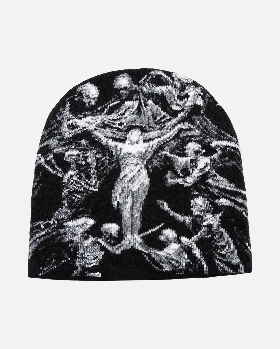 Skeleton Dance Beanie – skeleton jacquard knit beanie, product photo on grey background