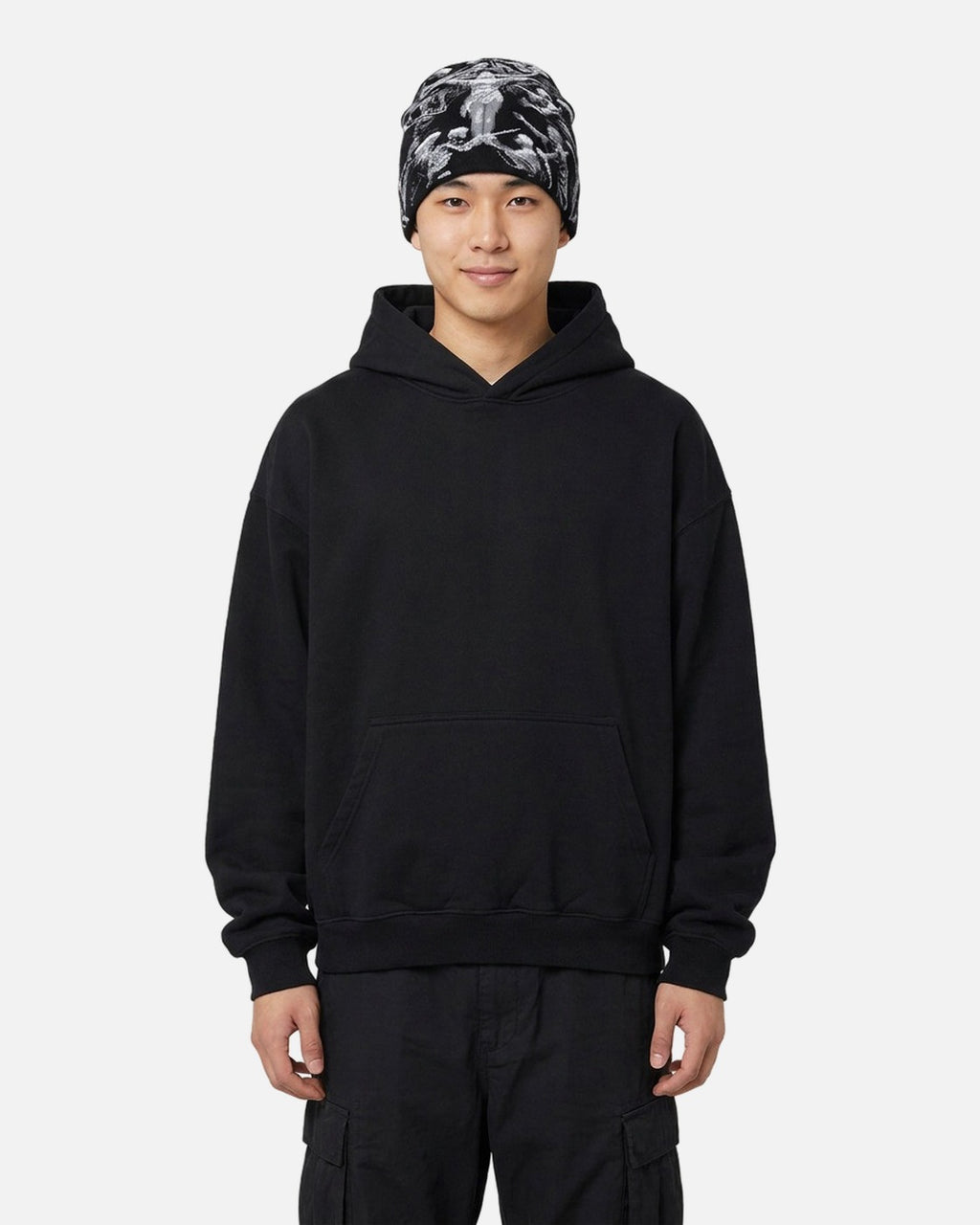 Skeleton Dance Beanie worn – skeleton jacquard knit beanie styled in a streetwear outfit