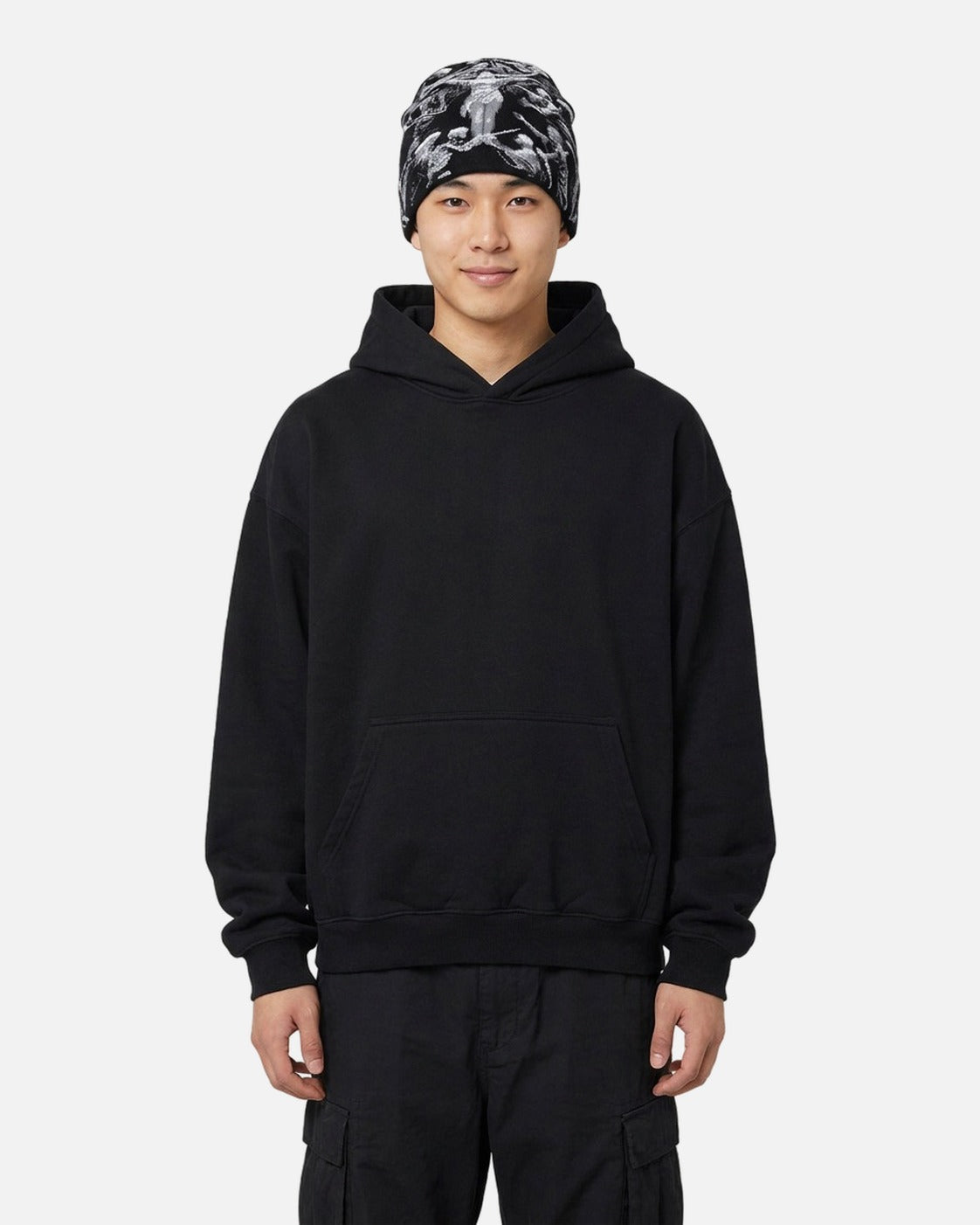 Skeleton Dance Beanie worn – skeleton jacquard knit beanie styled in a streetwear outfit